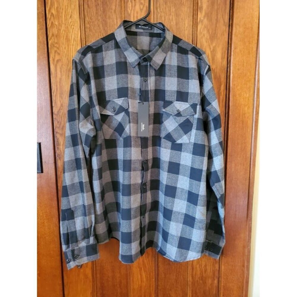 Mcedar Men's Long Sleeve Plaid Flannel Shirt XL Black & Gray Button-Up NWT